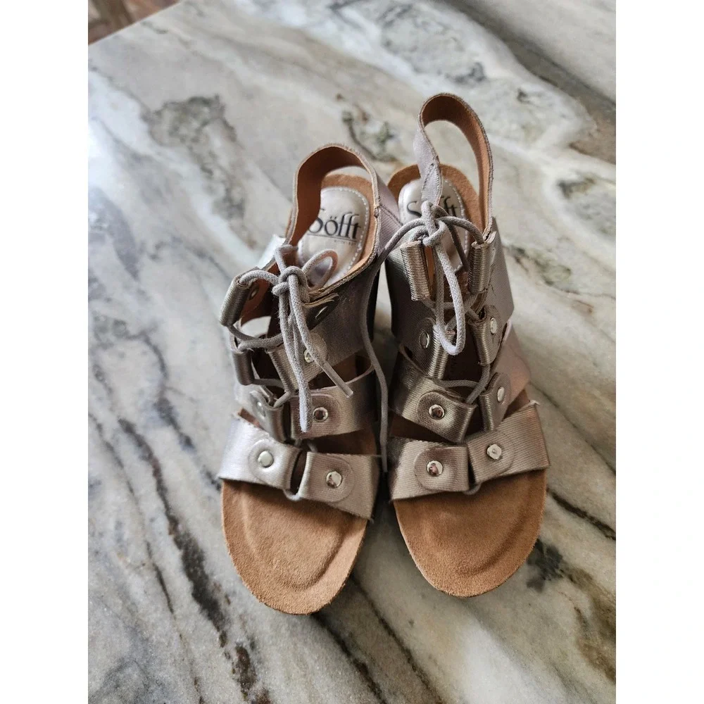 Sofft Metallic Pewter‎ Leather Lace Up Cork Wedge Sandals Studded Silver 7.5